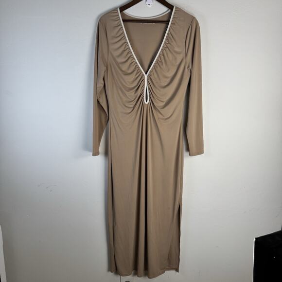 Abercrombie&Fitch Rutched Deep V Neck Long Sleeve Midi Dress XL Camel Tan Y2K - Picture 2 of 10